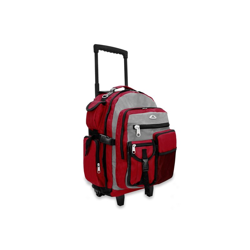 Unisex Deluxe Wheeled Travel Backpack 13.5x21x12 Burgundy Gray