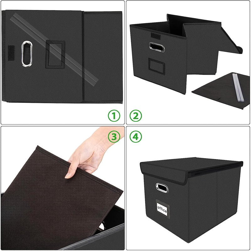 Collapsible Faux Leather File Box Organizer with Lid and Handles - Black