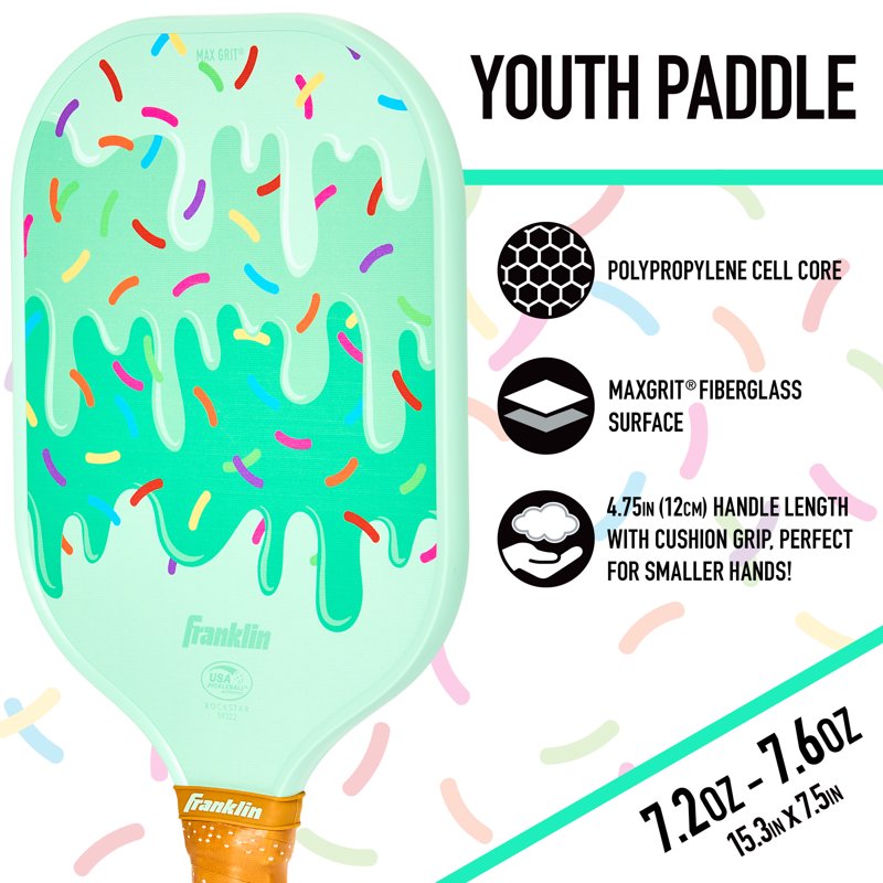 Youth Pickleball Paddle with Max Grit Fiberglass Surface - Franklin Sports Junior Paddle - USA Pickleball Approved - Ice Cream Variation