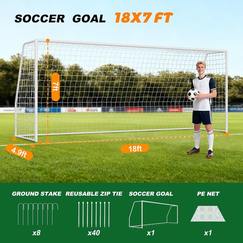 ABORON 18' x 7' Backyard Soccer Goal with Steel Frame & Net - White