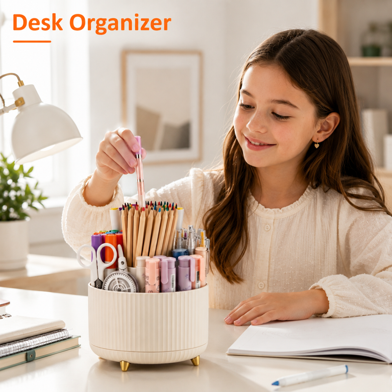 Rotating Desk Organizer with Multi-Compartment Pen Holder - 360° Spin for Office, Kitchen, Crafts, Makeup