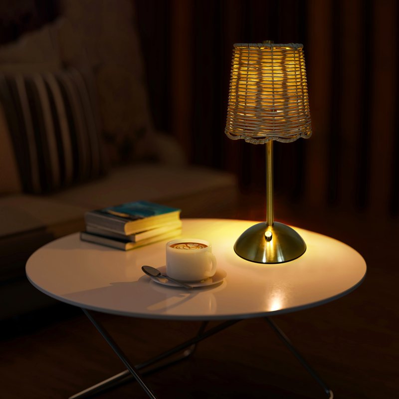 Cordless Rattan and Gold Table Lamp with Touch Dimmer - Home Decor