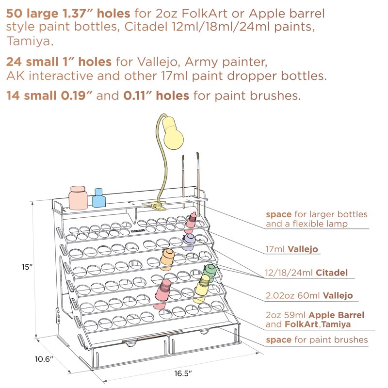 Wooden Paint Rack with 74 Bottle Capacity, Brush Holes & Storage Cabinets