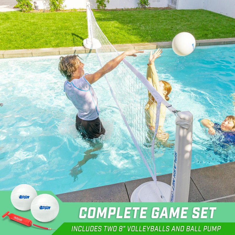 Pool Volleyball Net Set with Water Volleyballs & Pump - Adjustable, Durable Splash Net for Inground Pools