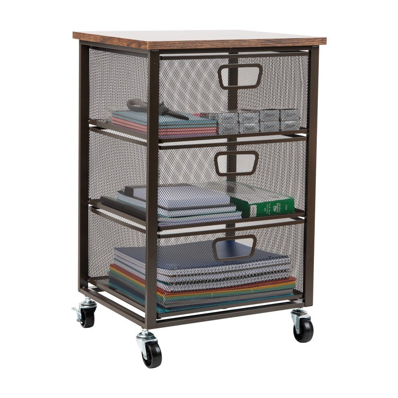 3-Drawer Metal Rolling Storage Cart with Wood Top - Office Organizer, Mobile Cabinet