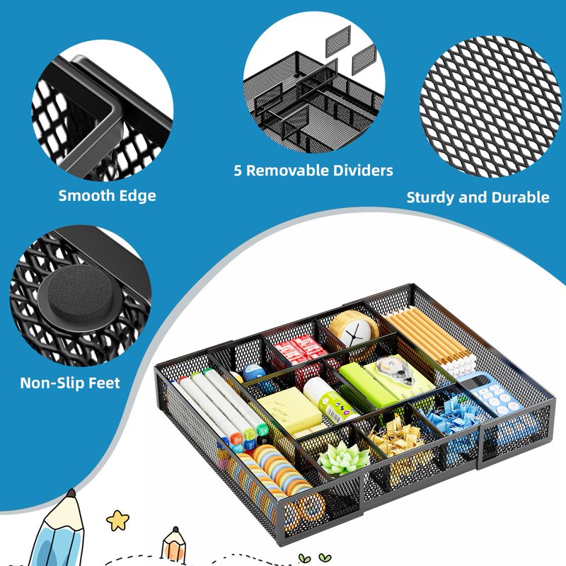 Expandable Mesh Desk Drawer Organizer with Adjustable Compartments for Office & Home