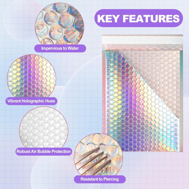 Metallic Bubble Mailers 50 Pcs with Thank You Cards & Stickers - Holographic Self-Sealing Envelopes for Small Business Shipping