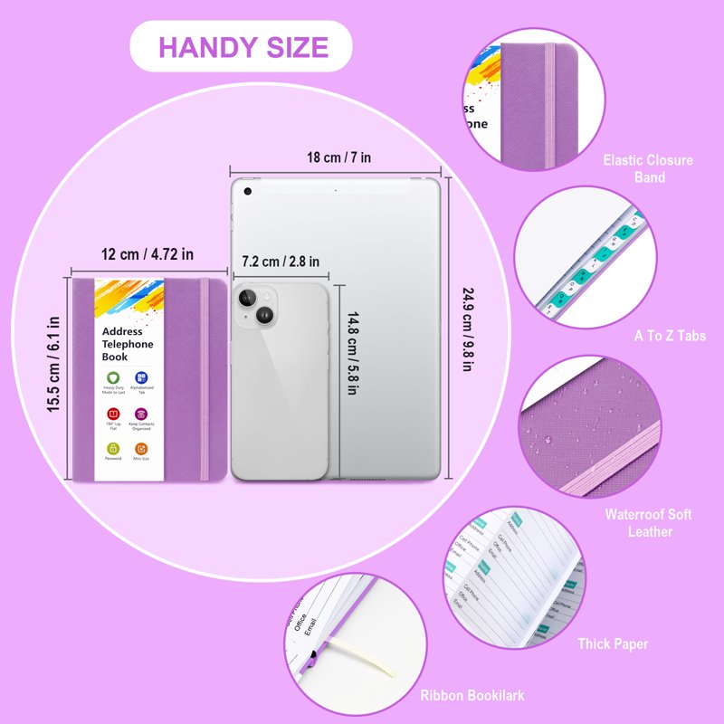 Pocket Size Address Book with Alphabet Index Large Print for Elderly - Purple