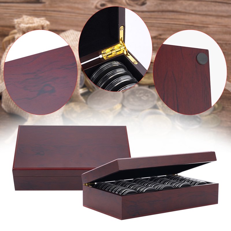 Wooden Coin Storage Box Organizer with Foam Gaskets - Multiple Sizes, 50Pcs