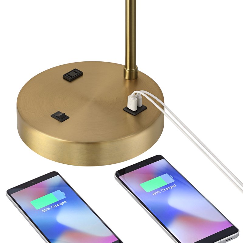 Modern Desk Lamp with USB Charging Port - Antique Gold & Linen Shade