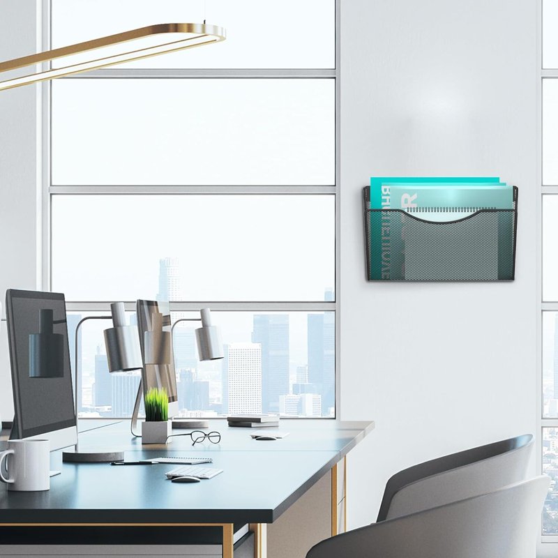 Wall Mount Mesh File Organizer - Hanging Desktop Magazine & Document Holder, Black