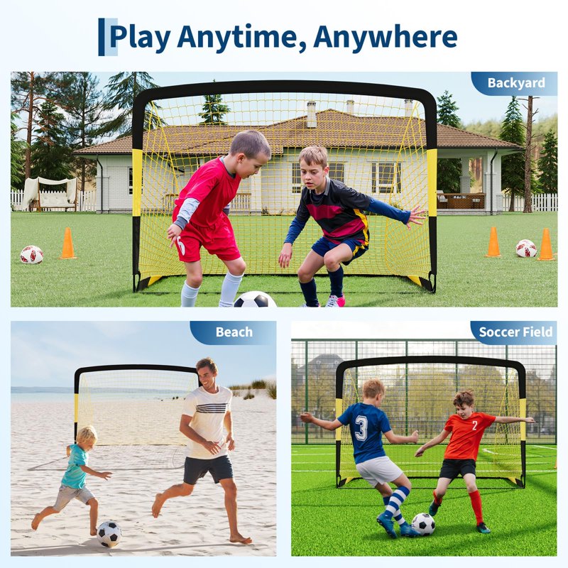 6x4 ft Portable Soccer Goals Set for Kids – Foldable Backyard Practice Goal (Set of 2, Yellow/Black)