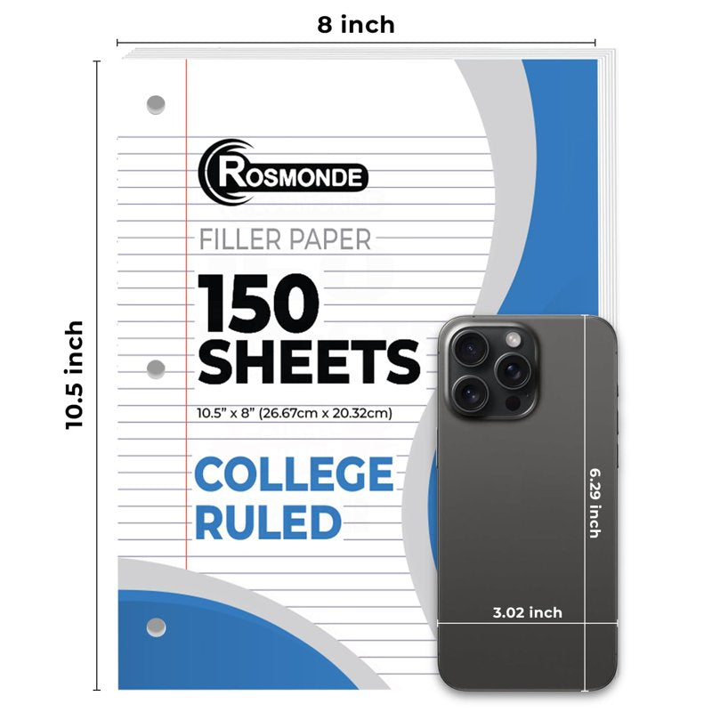 Loose Leaf Paper 6 Pack - College Ruled 8x10.5 Inch, 3-Hole Punched for Binders
