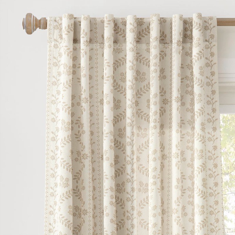 Delicate Floral Linen Blend Window Curtain Panels Pair - Neutral or Blue