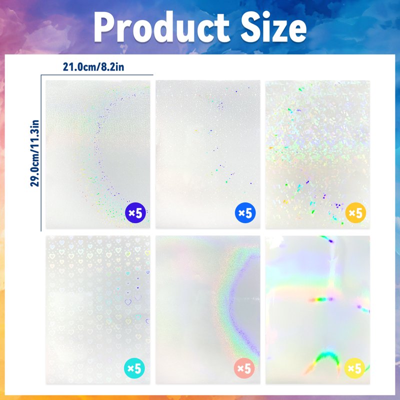 Holographic Sticker Paper 30 Sheets A4 Waterproof Vinyl Crafts DIY Overlay