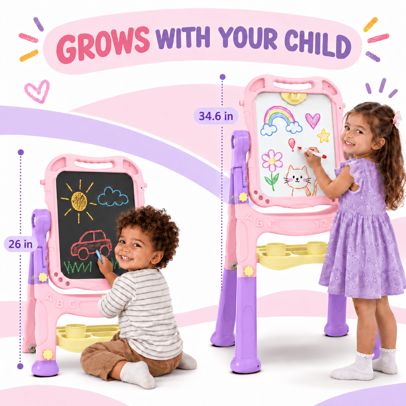 Kids Art Easel with Double-Sided Boards, Adjustable Height & Accessories - Pink