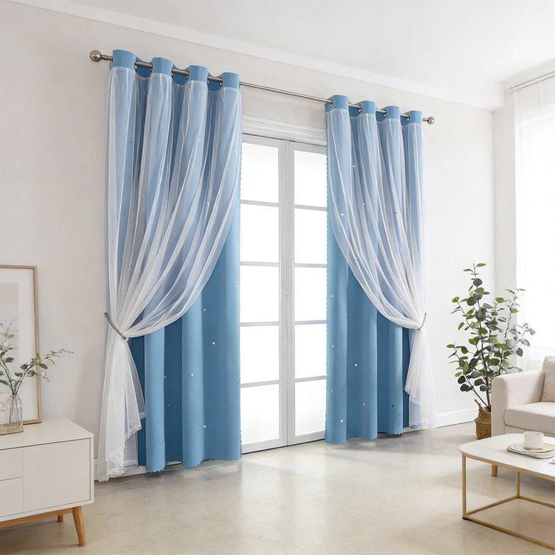 Double Layer Star Pattern Blackout Curtains with Sheer Lace Overlay - Insulated Window Treatments