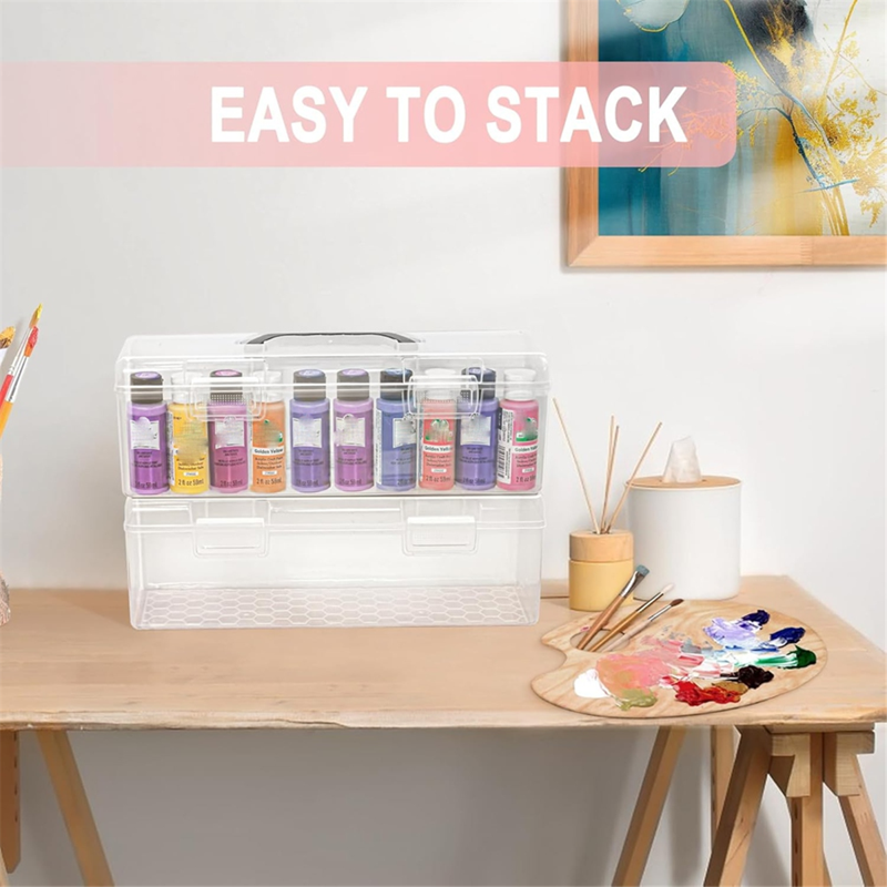 Acrylic Paint Storage Box for 30 Bottles - Clear Art Organizer with Handle