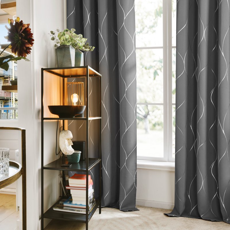 Blackout Curtain Panels with Silver Foil Wave Print - Room Darkening Drapes for Bedroom & Living Room