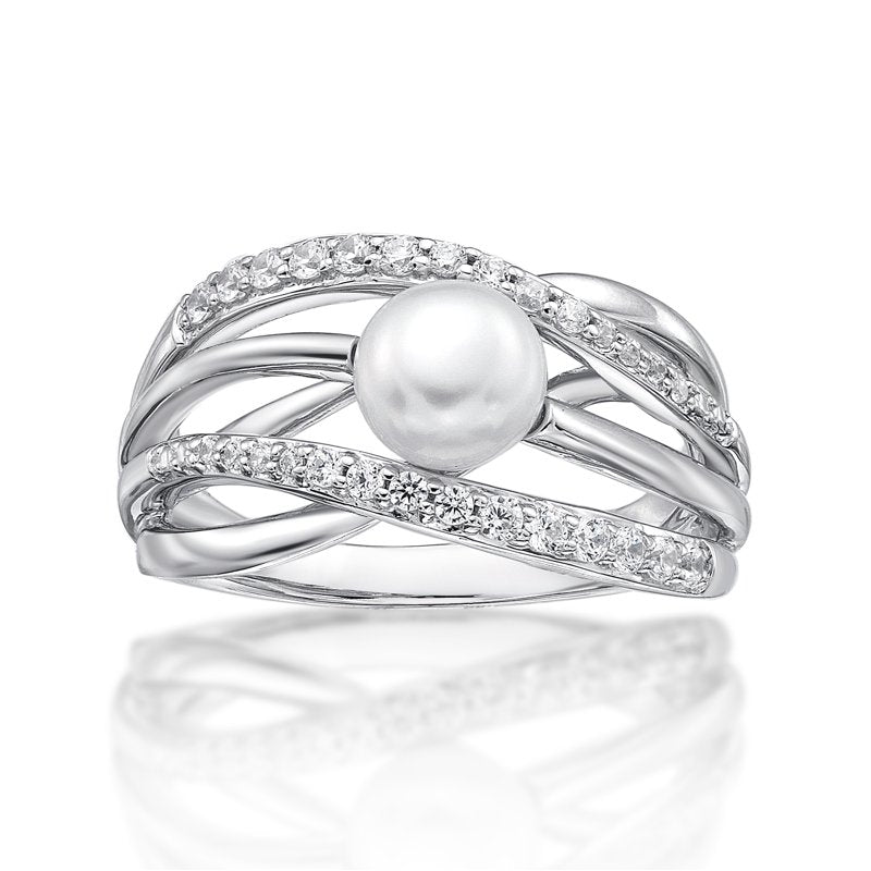 Sterling Silver Freshwater Pearl & Cubic Zirconia Criss Cross Ring - Hypoallergenic Jewelry