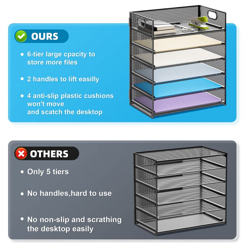 6-Tier Mesh File Organizer with Handle - Letter & A4 Paper Sorter for Desktop
