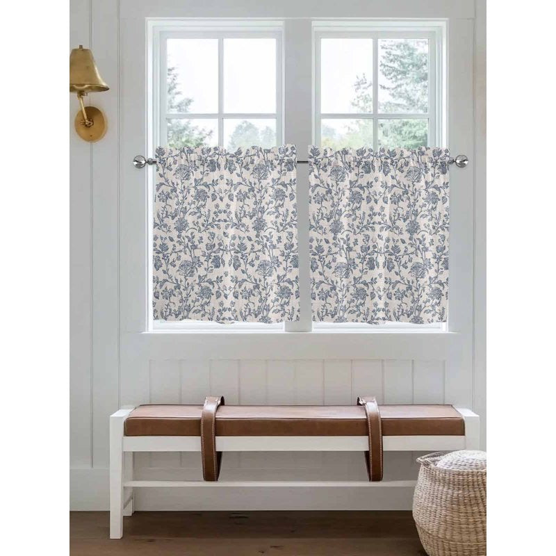 Farmhouse Blue Floral Half Window Curtain Tiers for Kitchen or Bathroom - 24 to 45 Inches Long, 2 Panels