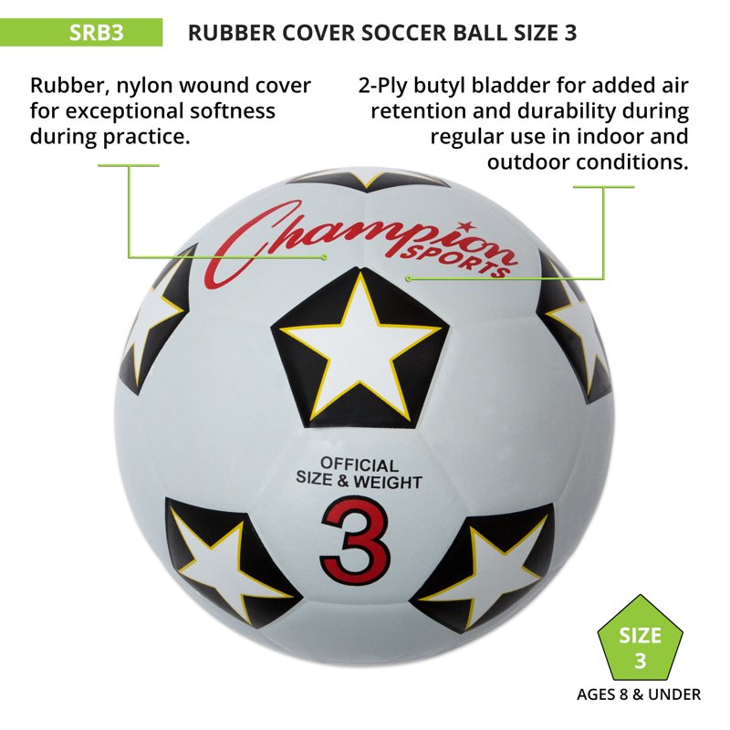 Champion Soccer Ball No 3 - Rubber Cover, Nylon-Wound Butyl Bladder (Black/White)