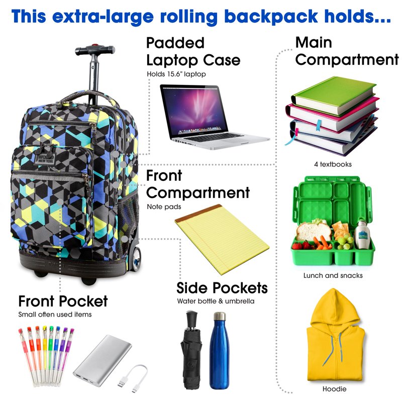 20 Inch Rolling Laptop Backpack with Wheel & Storage for School & Travel