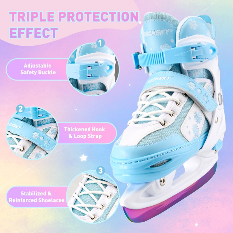 Kids Adjustable Ice Skates for Beginners with Laser Stainless Steel Blade, Festive Colors