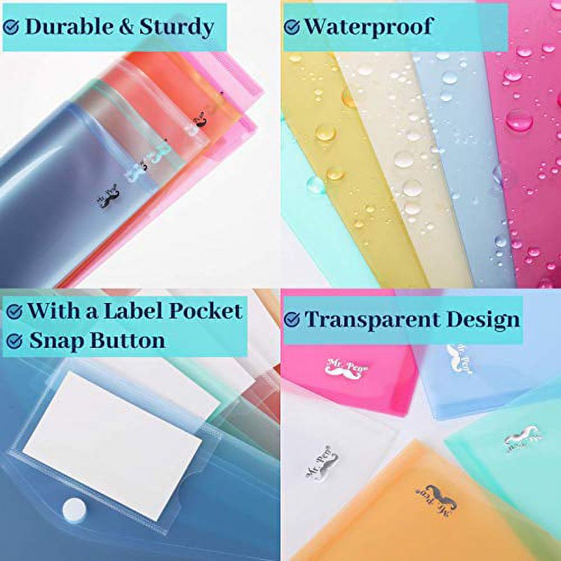 A4 Multicolor Plastic Envelope Set with Label Pockets - 10 Pack