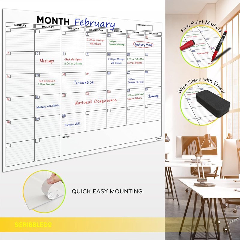 Large 36x48 Inch Whiteboard Calendar Wall Planner with Markers & Accessories