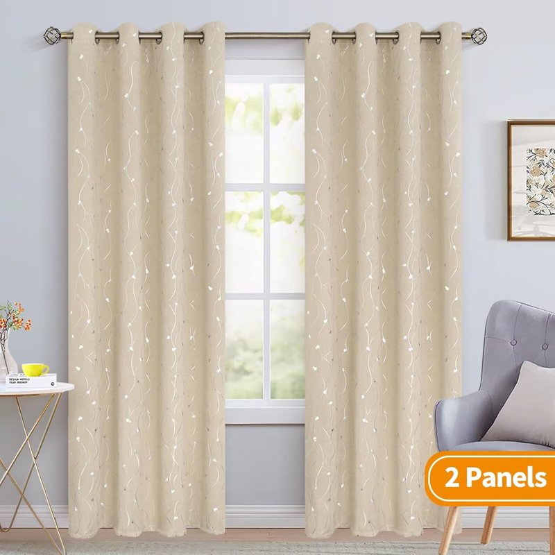 Blackout Curtains 95 Inch Length Set - Insulated Wave Line & Dots Design for Bedroom