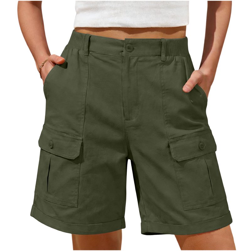 Women's Cargo Shorts with High Waist & Pockets - Summer Casual Twill Shorts