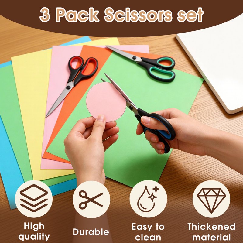 Heavy Duty Stainless Steel Scissors Set - 3 Pack with Comfort Handles for School Office Crafts