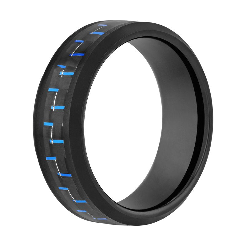 Men's Black & Blue Carbon Fiber Inlaid Tungsten Wedding Band - Adjustable Size