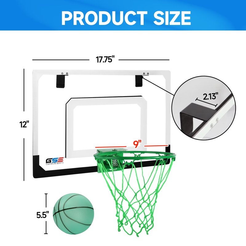 Mini Over-The-Door Basketball Hoop Set with Ball & Pump - Glow in The Dark, Wall-Mounted for Home & Office