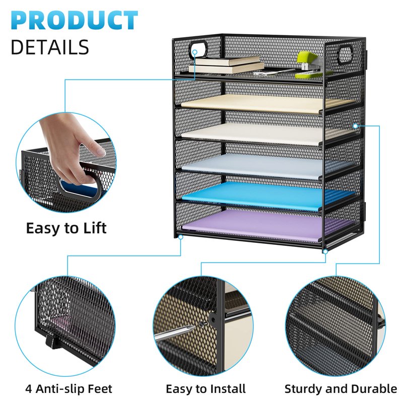 6-Tier Mesh File Organizer with Handle - Letter & A4 Paper Sorter for Desktop