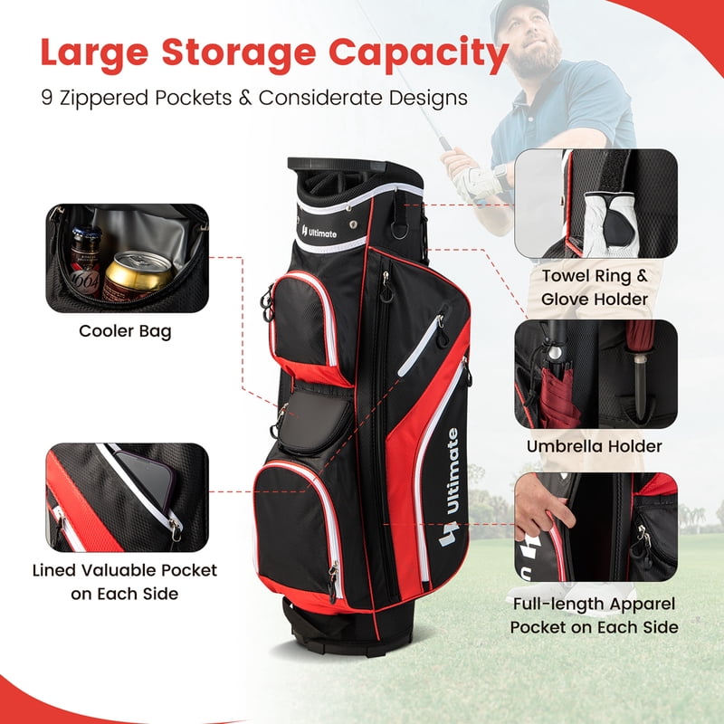 Costway Red 14-Way Top Golf Cart Bag with 9 Pockets & Rain Hood - Lightweight