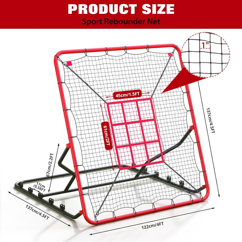 Baseball Rebounder Net 4x4.5 ft Heavy Duty Training Bounce Back Net with Adjustable Angles