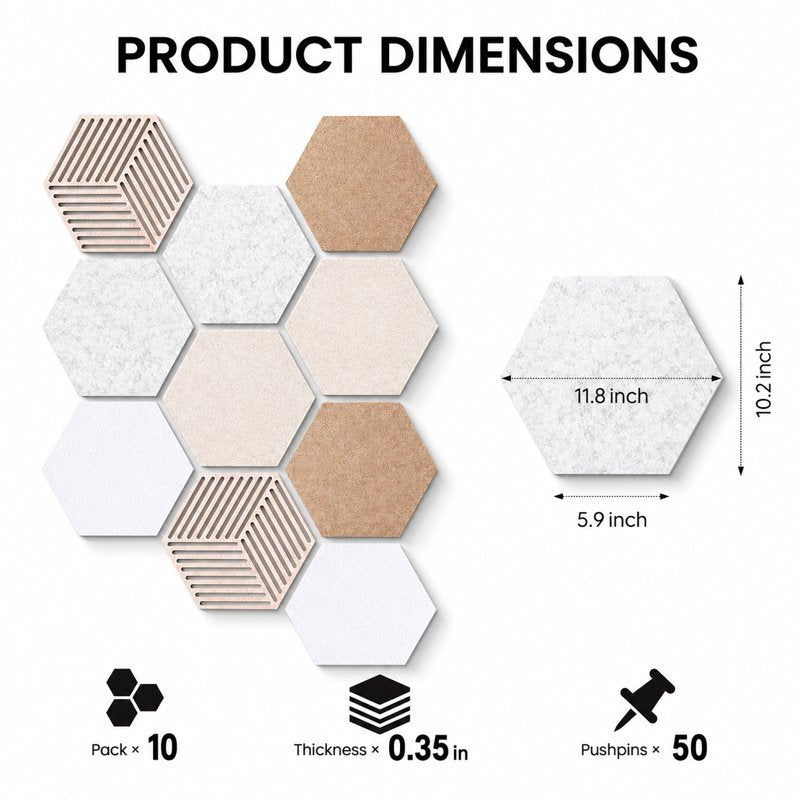Hexagon Cork Tiles 10 Pack with Pins Self-Adhesive Wall Bulletin Board for Home Office Classroom