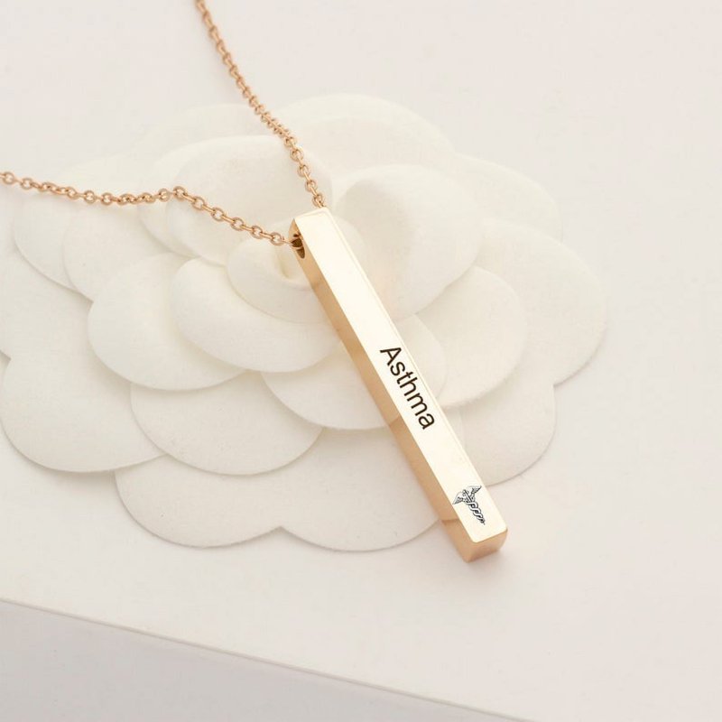 Medical Alert ID Necklace Engravable 4-Sided Bar Personalized Stainless Steel Jewelry