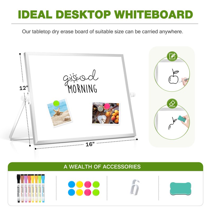 Double-Sided Magnetic Whiteboard Desktop White Board with Stand, 16x12 Inch, Portable Dry Erase Board with Markers & Magnets