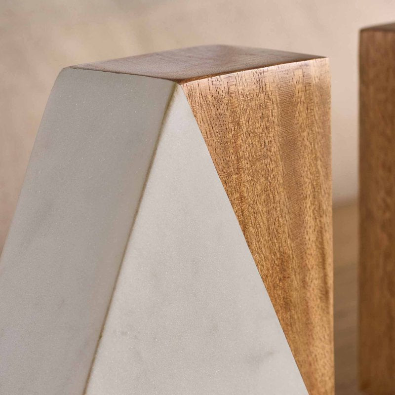 Wood and Marble Bookends Set - Elegant Home Decor for Bookshelf