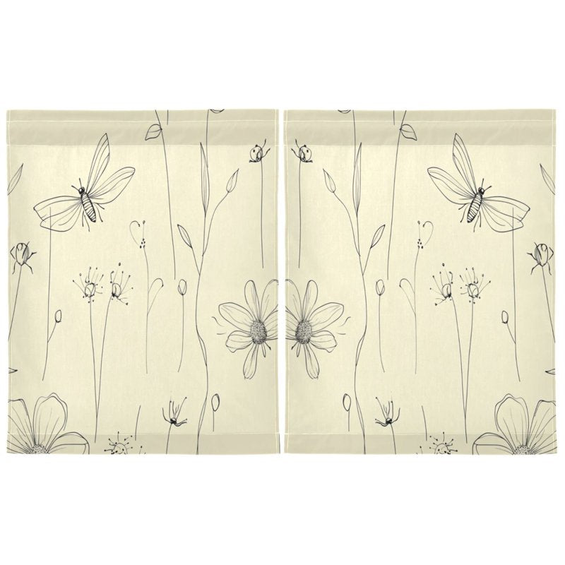 Floral & Insect Pattern Kitchen Tier Curtains Set - Light Filtering Privacy
