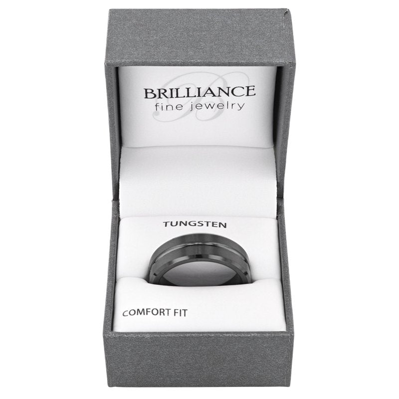 Men's Tungsten Wedding Band 8MM Grooved Comfort Fit Mens Ring - Black Silver