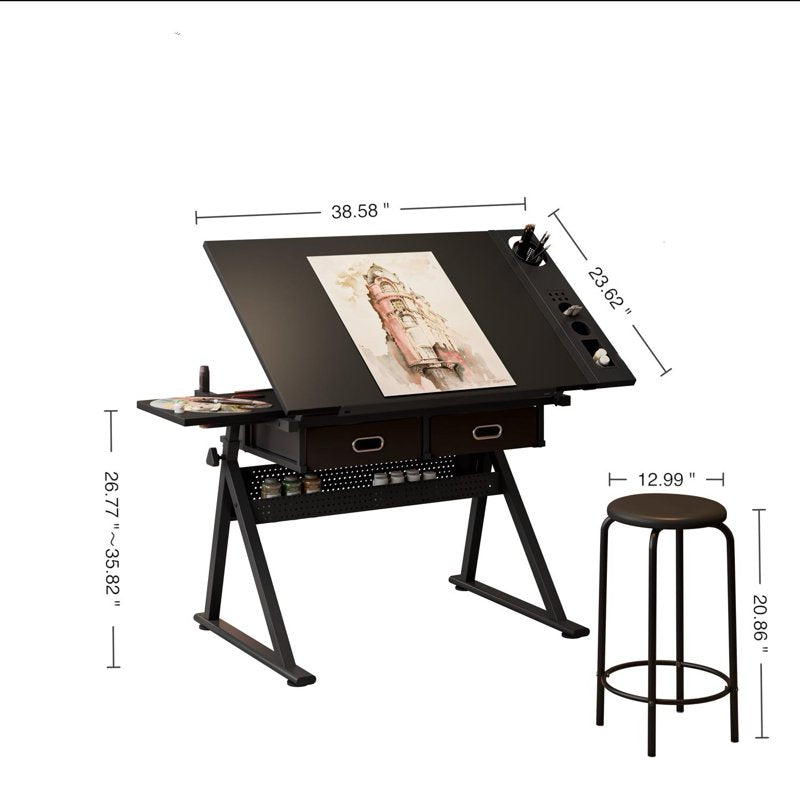Adjustable Drawing & Drafting Table with Stool, Tiltable Desktop, Storage Drawers, Home Office Art Desk