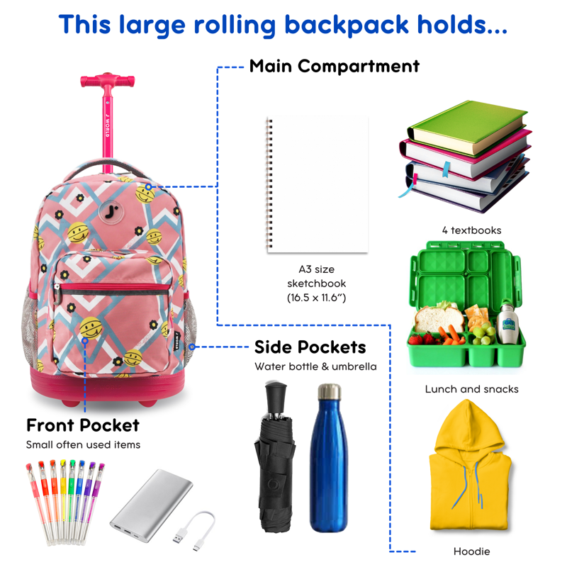 Kids Rolling Backpack 18 Inch School & Travel Bag with Organizer and Water Bottle Pockets