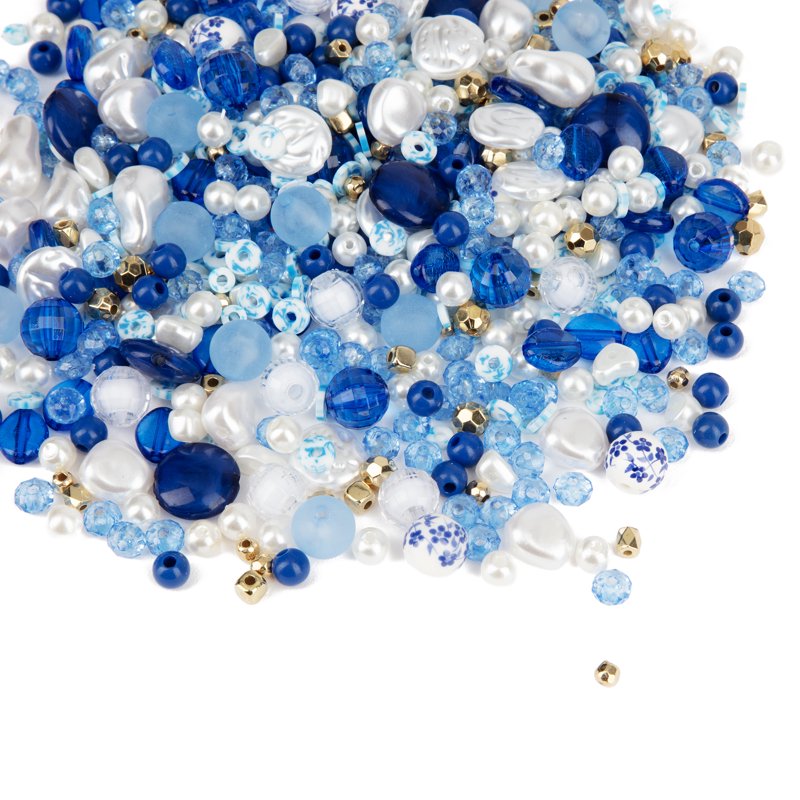 Bead Mix Jewelry Making Supplies - Blue White Pearl Gold Ceramic Assortment - 150g 1400 Pieces