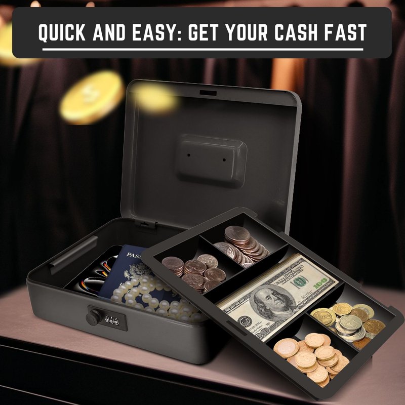 Metal Cash Box with Combination Lock and 5-Compartment Tray - Small Security Money Box