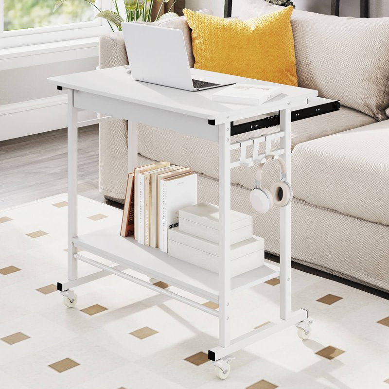 Mobile Laptop Desk with Keyboard Tray & Hooks, Lower Shelf, Wheels, White